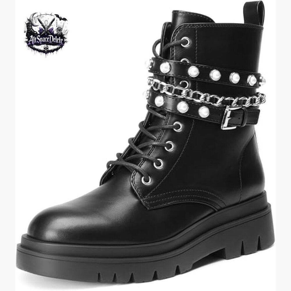Platform Combat Boots with Lug Sole, Silver Chains, Side Zip Closure